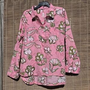 Pink Women's Blouse Cotton Floral Long Sleeved XL